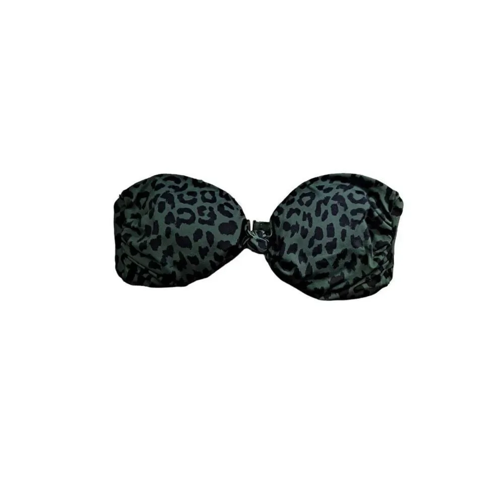 Aqua Lounge Knotted Bandeau Bikini Top Green Black Animal Print Small